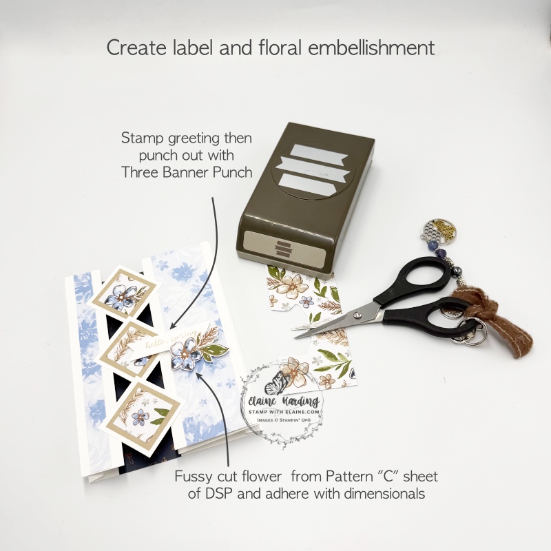 finishing touches add label and fussy cut floral embellishment
