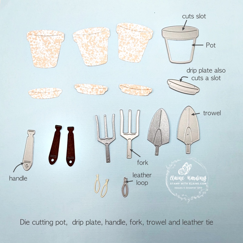 die cutting plant pots, drip plates, handles, fork, trowel and leather loop