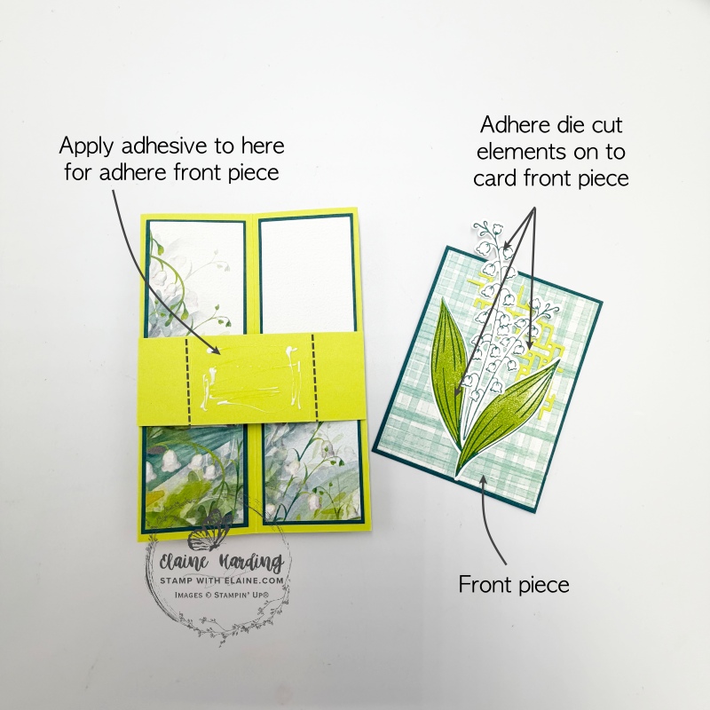 where to apply adhesive on pop-up mechanism for Lily of the Valley accordion pop-up birthday card