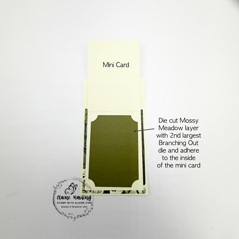 adhering mossy meadow layer die cut branching out piece to mini card