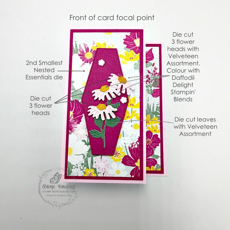 focal point on front of card Nested Essential layer with velveteen die cut floral elements