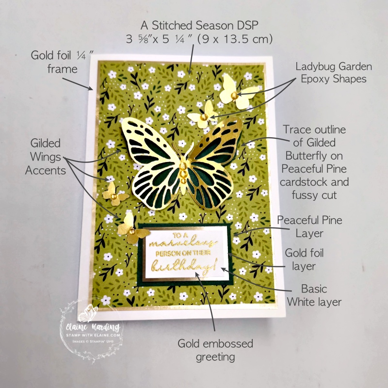 picture instructions front of Gilded Wings birthday card