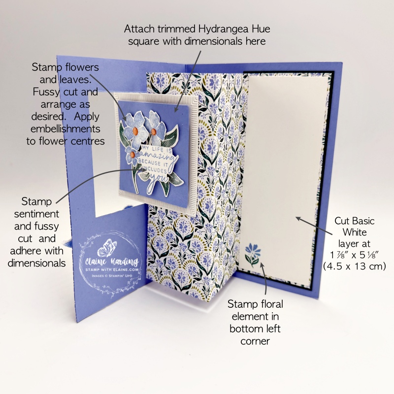 picture instructions on embellishing hydrangea hue square on front squaare