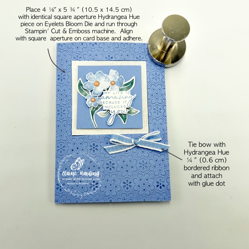 picture instructions on embossing and adhering Eyelets Bloom Die