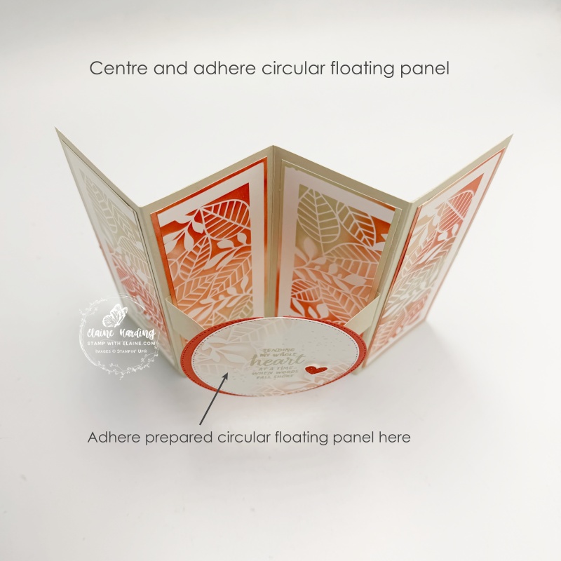 attaching floating circular panel piece after decorating back of card.