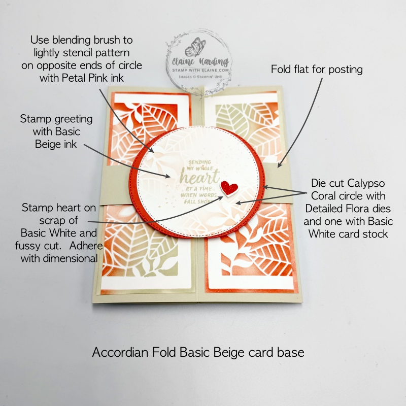 basic beige altered stencilled card accordion fold with circular floating panel and die cut from Detailed Flora dies