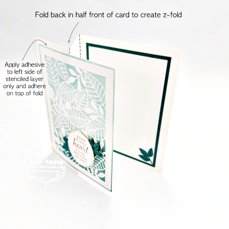 altered z-fold stencilled card with lost lagoon and pool party and die cut elements from Detailed Flora dies