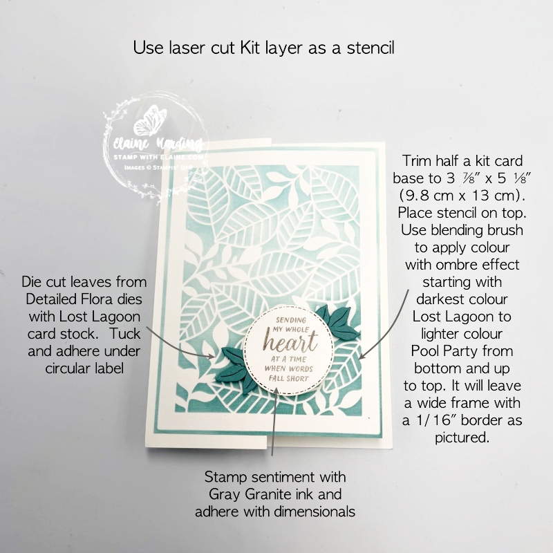 flat lay of front of card with stencilled pool party and lost lagoon, circle pre-cut sentiment and Detailed Flora leaf dies