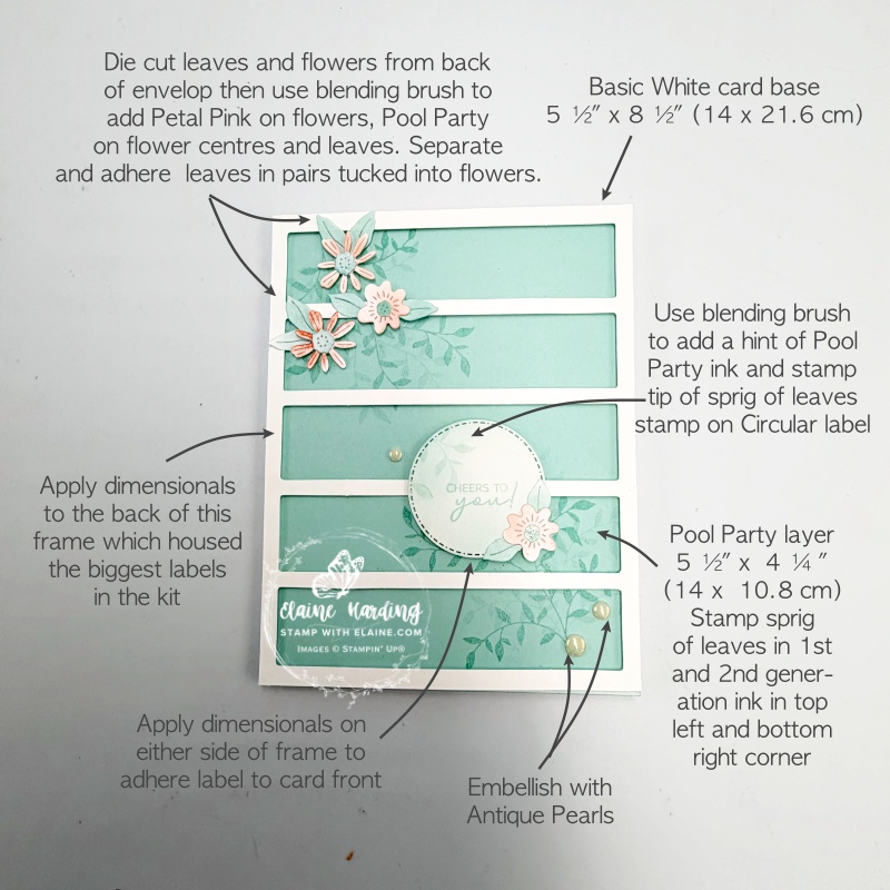 Picture instructions on label frame remnant Pool Party floral card