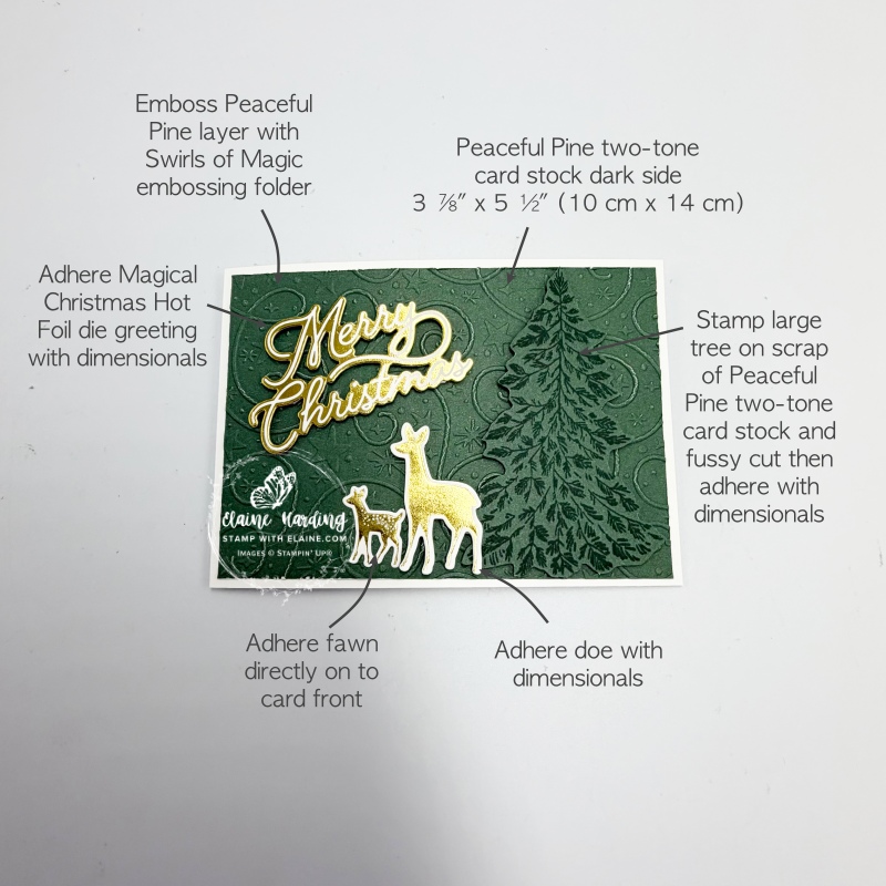 Picture instructions for landscape hot foiled christmas card with Graceful Evergreen Deer bundle