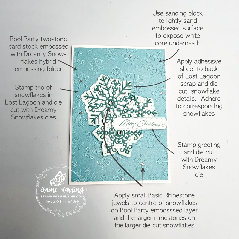 picture instructions on card front of Pool Party two-tone Dream Snowflakes hybrid embossed christmas card